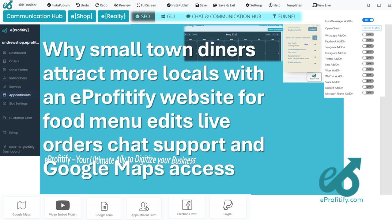 Why small town diners attract more locals with an eProfitify website for food menu edits live orders chat support and Google Maps access